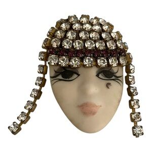 Crystal-Embellished Face Roaring 20's Brooch, Handmade and Unique.